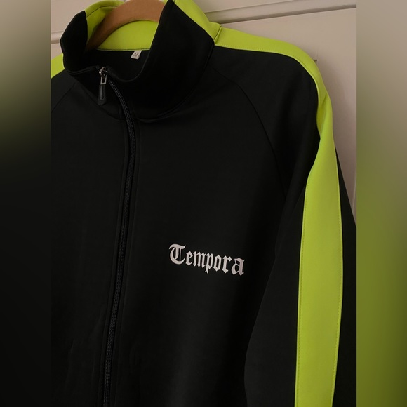 Black neon yellow full zip track jacket. Tempora print on chest. Unisex. men's M - Picture 4 of 7